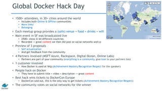 Global Docker Hack Day 
• 1500+ attendees, in 30+ cities around the world 
• Includes both Online & Offline communities 
• More links! 
• Belonging 
• Each meetup group provides a (safe) venue + food + drinks + wifi 
• Main event in SF was broadcasted live 
• 2500+ views in 64 different countries 
• Recorded -> great content we then did post on social networks and co 
• Preview of 3 proposals 
• Self actualization 
• And get feedback from the community 
• 4 Partners involved (MSFT Azure, Rackspace, Digital Ocean, Online Labs) 
• Partners are part of your community (everything is a community, give love to your partners too) 
• 1 customer involved 
• How Docker is used at Yelp (Achievement Mastery Recognition Respect for the speaker) 
• People hack on Docker 
• They have to submit title + video + description -> great content 
• Best hack wins tickets to DockerCon Europe 
• DockerCon sold out, this is the only way to get tickets (Achievement Mastery Recognition Respect) 
• The community votes on social networks for the winner 
 