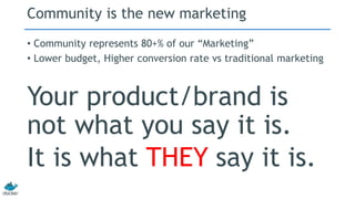 Community is the new marketing 
• Community represents 80+% of our “Marketing” 
• Lower budget, Higher conversion rate vs traditional marketing 
Your product/brand is 
not what you say it is. 
It is what THEY say it is. 
 