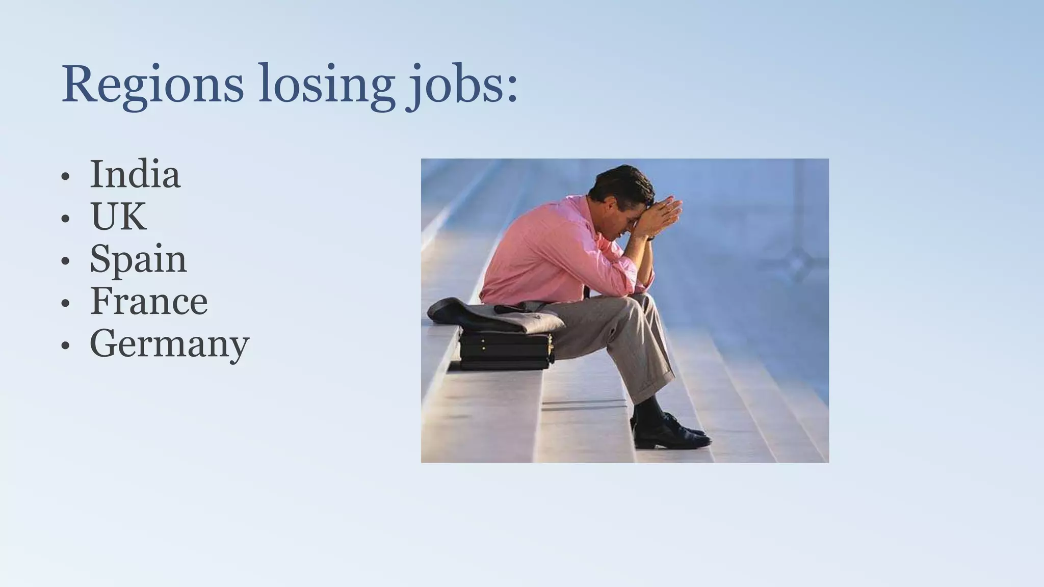 Regions losing jobs:
• India
• UK
• Spain
• France
• Germany
 