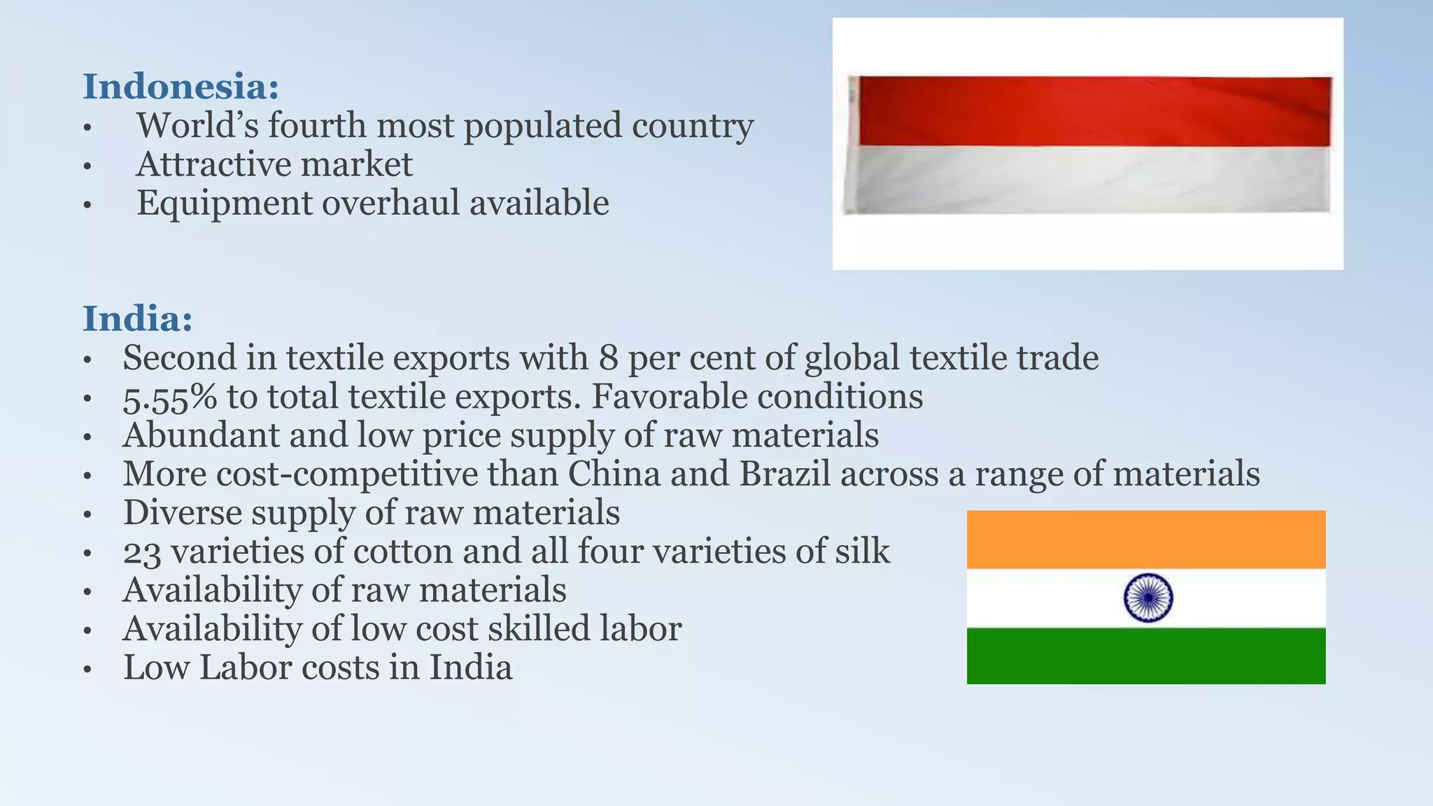 Indonesia:
• World’s fourth most populated country
• Attractive market
• Equipment overhaul available
India:
• Second in textile exports with 8 per cent of global textile trade
• 5.55% to total textile exports. Favorable conditions
• Abundant and low price supply of raw materials
• More cost-competitive than China and Brazil across a range of materials
• Diverse supply of raw materials
• 23 varieties of cotton and all four varieties of silk
• Availability of raw materials
• Availability of low cost skilled labor
• Low Labor costs in India
 