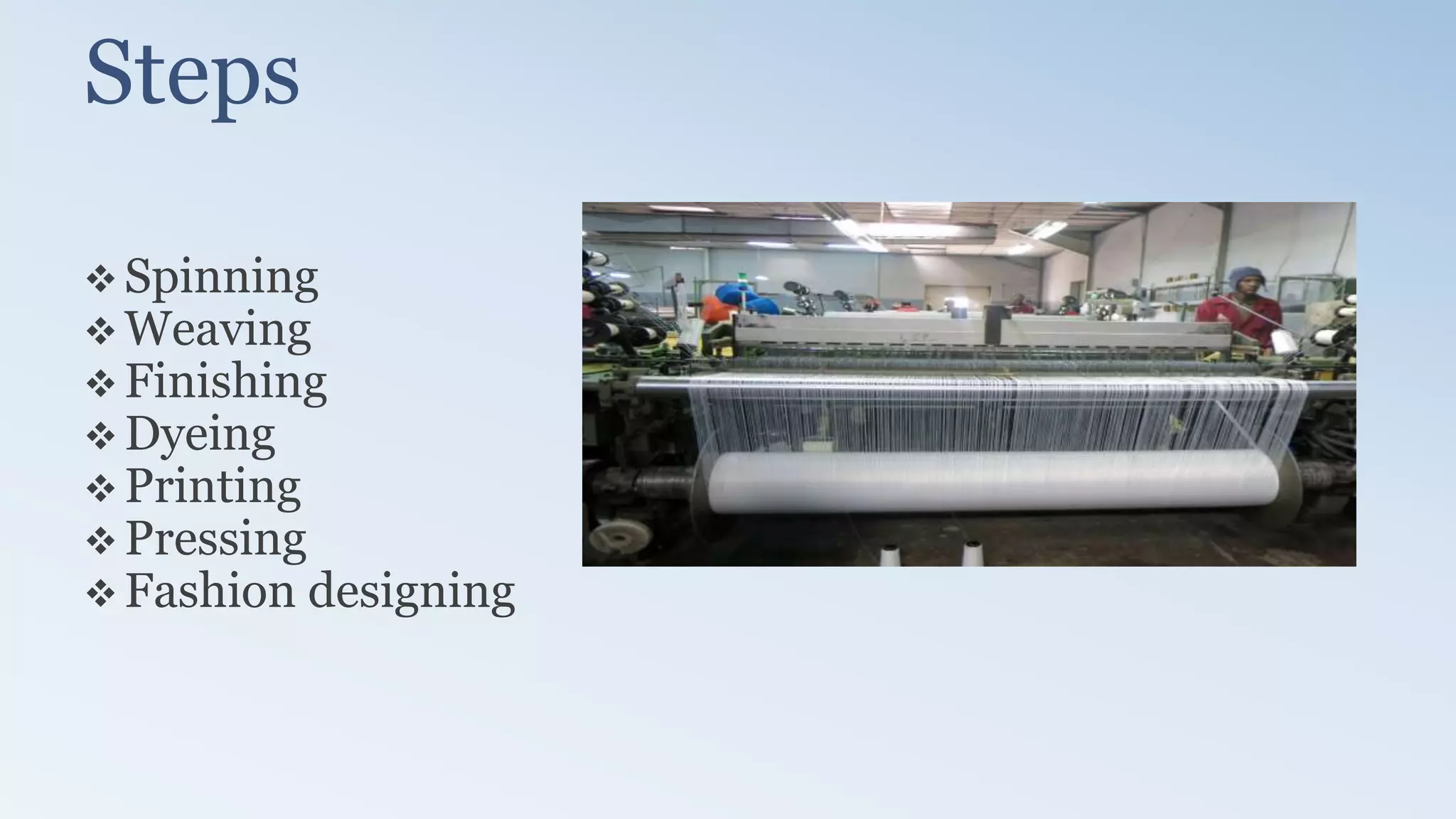 Steps
 Spinning
 Weaving
 Finishing
 Dyeing
 Printing
 Pressing
 Fashion designing
 