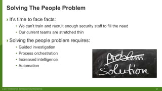 21© 2017 FORRESTER. REPRODUCTION PROHIBITED.
Solving The People Problem
› It’s time to face facts:
• We can’t train and recruit enough security staff to fill the need
• Our current teams are stretched thin
› Solving the people problem requires:
• Guided investigation
• Process orchestration
• Increased intelligence
• Automation
 