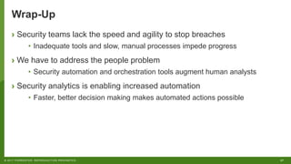 27© 2017 FORRESTER. REPRODUCTION PROHIBITED.
Wrap-Up
› Security teams lack the speed and agility to stop breaches
• Inadequate tools and slow, manual processes impede progress
› We have to address the people problem
• Security automation and orchestration tools augment human analysts
› Security analytics is enabling increased automation
• Faster, better decision making makes automated actions possible
 