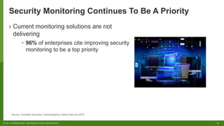 6© 2017 FORRESTER. REPRODUCTION PROHIBITED.
Security Monitoring Continues To Be A Priority
› Current monitoring solutions are not
delivering
• 96% of enterprises cite improving security
monitoring to be a top priority
Source: Forrester Business Technographics Global Security 2016
 