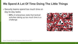 8© 2017 FORRESTER. REPRODUCTION PROHIBITED.
We Spend A Lot Of Time Doing The Little Things
› Security teams spend too much time on
day-to-day tasks
• 65% of enterprises state that tactical
activities taking up too much time is a
challenge
Source: Forrester Business Technographics Global Security 2016
 