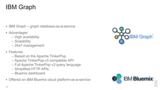 IBM Graph
 IBM Graph – graph database-as-a-service
 Advantages
– High availability
– Scalability
– 24x7 management
 Features
– Based on the Apache TinkerPop.
– Apache TinkerPop v3 compatible API
– Full Apache TinkerPop v3 query language
– Simplified HTTP APIs
– Bluemix dashboard
 Offered on IBM Bluemix cloud platform-as-a-service
10
 