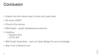 Conclusion
 Graphs are the natural way to store and query data
 No more JOINs!
 Cloud to the rescue
 IBM Graph – graph database-as-a-service
 Interface:
– Bluemix GUI
– HTTP API
 IBM Graph Essentials – earn an Open Badge for your knowledge
 Sign in for a Bluemix trial
20
 