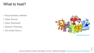 What to host?
 No proprietary software
 Open Source
 Open Standards
 Apache Tinkerpop
 No vendor lock-in
Inspired by Alaa Mahmoud, "Building a Graph Database in the Cloud – Challenges and Advantages", https://www.youtube.com/watch?v=NaIS4q4n6sQ
https://tinkerpop.apache.org
9
 