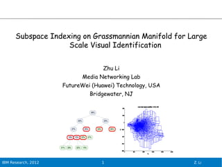Subspace Indexing on Grassmannian Manifold for Large
                    Scale Visual Identification


                                   Zhu Li
                           Media Networking Lab
                     FutureWei (Huawei) Technology, USA
                              Bridgewater, NJ




IBM Research, 2012                1                       Z. Li
 