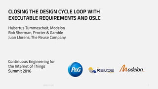 2016-11-23 1
CLOSING THE DESIGN CYCLE LOOP WITH
EXECUTABLE REQUIREMENTS AND OSLC
Hubertus Tummescheit, Modelon
Bob Sherman, Procter & Gamble
Juan Llorens, The Reuse Company
Continuous Engineering for
the Internet of Things
Summit 2016
 