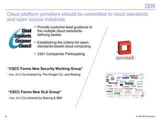 Cloud platform providers should be committed to cloud standards
     and open source initiatives
                       • Provide customer-lead guidance to
                         the multiple cloud standards-
                         defining bodies

                       • Establishing the criteria for open-
                         standards-based cloud computing

                       • 330+ Companies Participating



     “CSCC Forms New Security Working Group”
     - Feb. 2012 Co-chaired by The Kroger Co. and Boeing




     “CSCC Forms New SLA Group”
     - Feb. 2012 Co-chaired by Boeing & IBM




22                                                             © 2009 IBM Corporation
 