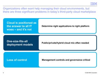 Organizations often want help managing their cloud environments, but
there are three significant problems in today’s third-party cloud marketplace


    Cloud is positioned as
    the answer to all IT        Determine right applications to right platform
    woes – and it's not



    One-size-fits-all
                                Public/private/hybrid cloud mix often needed
    deployment models




    Loss of control             Management controls and governance critical




9                                                                        © 2009 IBM Corporation
 