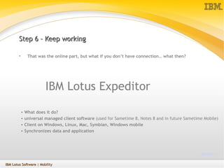 Step 6 – Keep working That was the online part, but what if you don’t have connection… what then? IBM Lotus Expeditor What does it do? universal managed client software  (used for Sametime 8, Notes 8 and in future Sametime Mobile) Client on Windows, Linux, Mac, Symbian, Windows mobile Synchronizes data and application More… IBM Lotus Software  | Mobility 