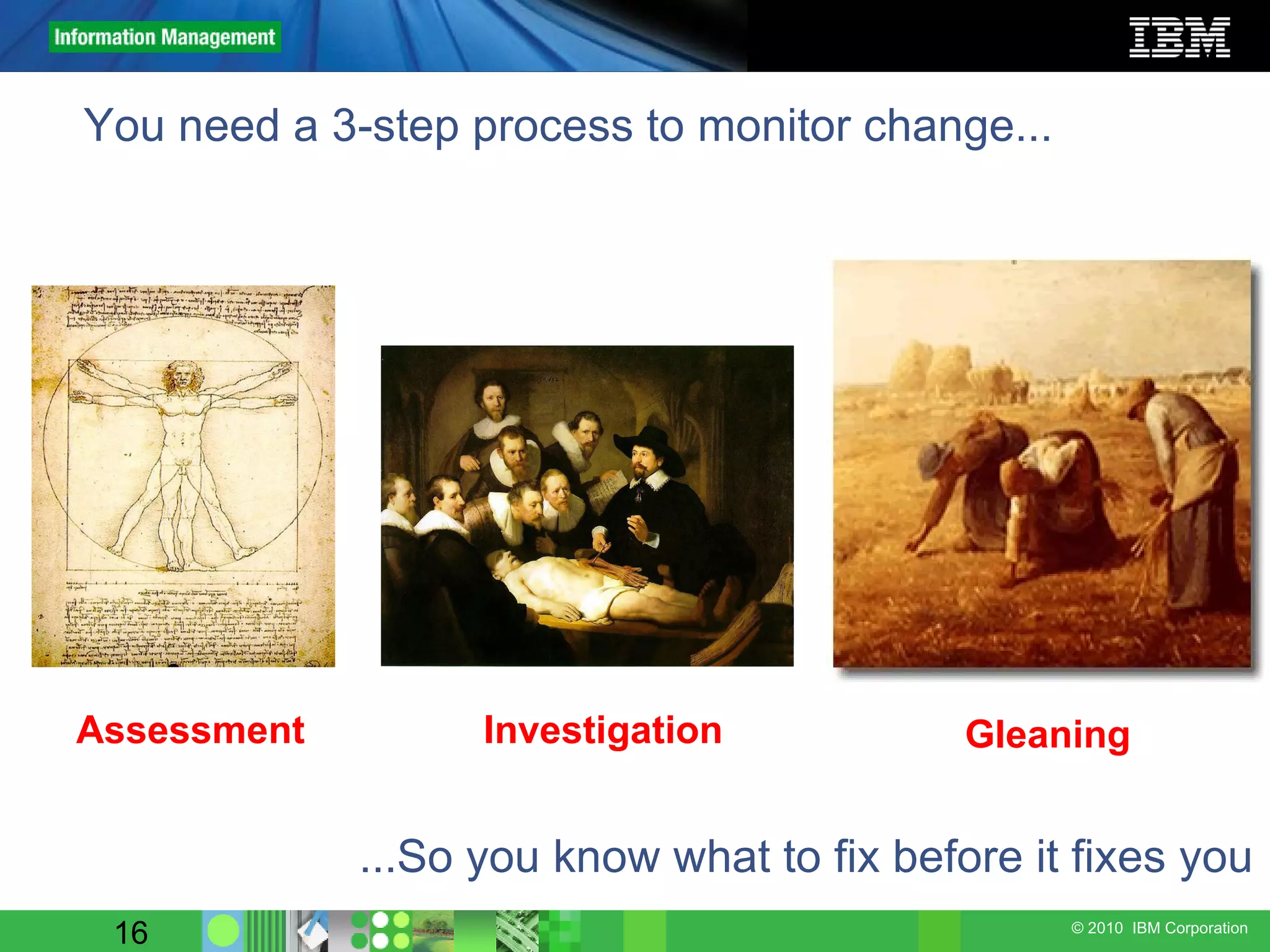 You need a 3-step process to monitor change... ...So you know what to fix before it fixes you Assessment Investigation Gleaning 