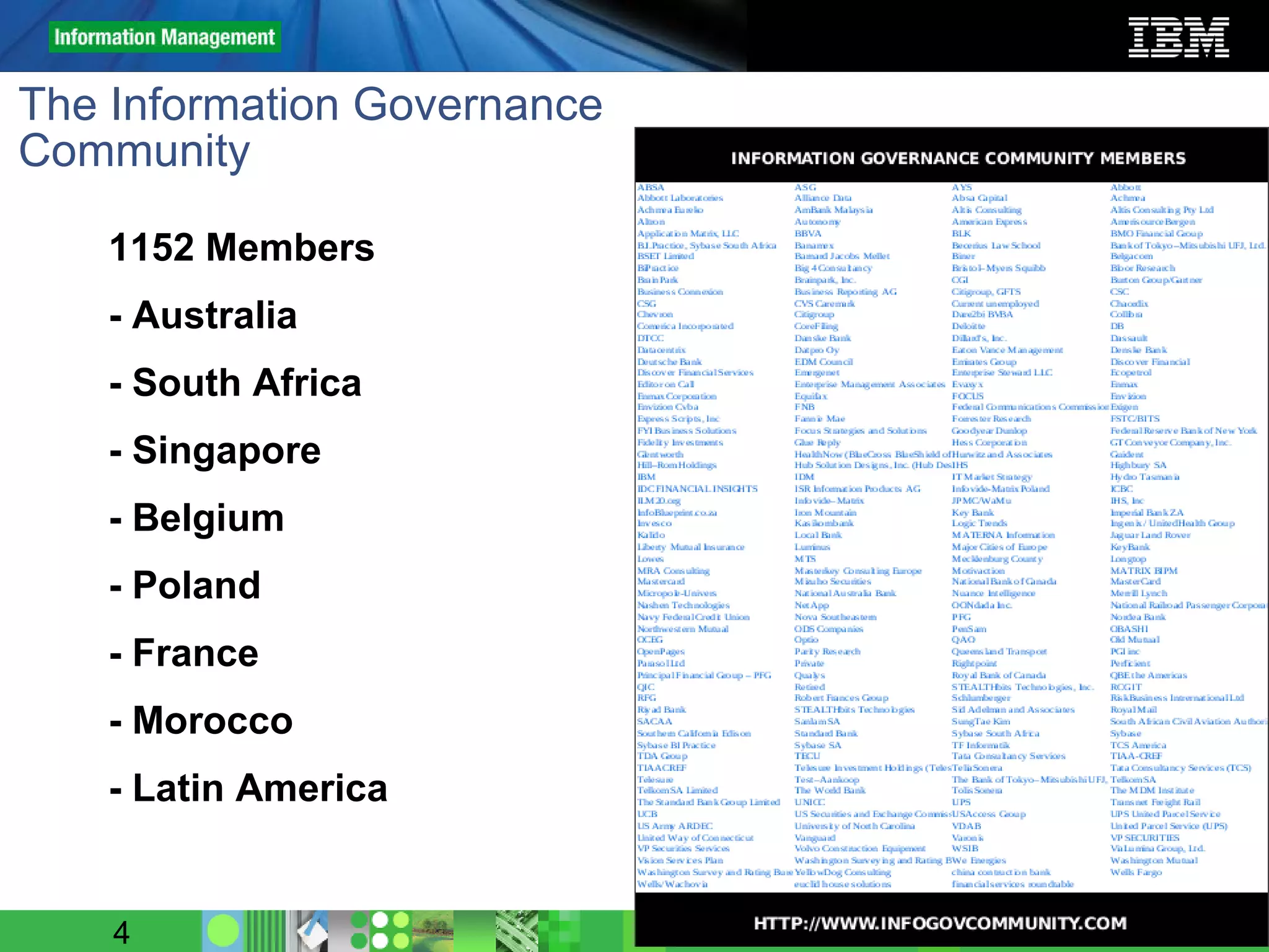 The Information Governance  Community 1152 Members - Australia - South Africa - Singapore - Belgium - Poland - France - Morocco - Latin America 