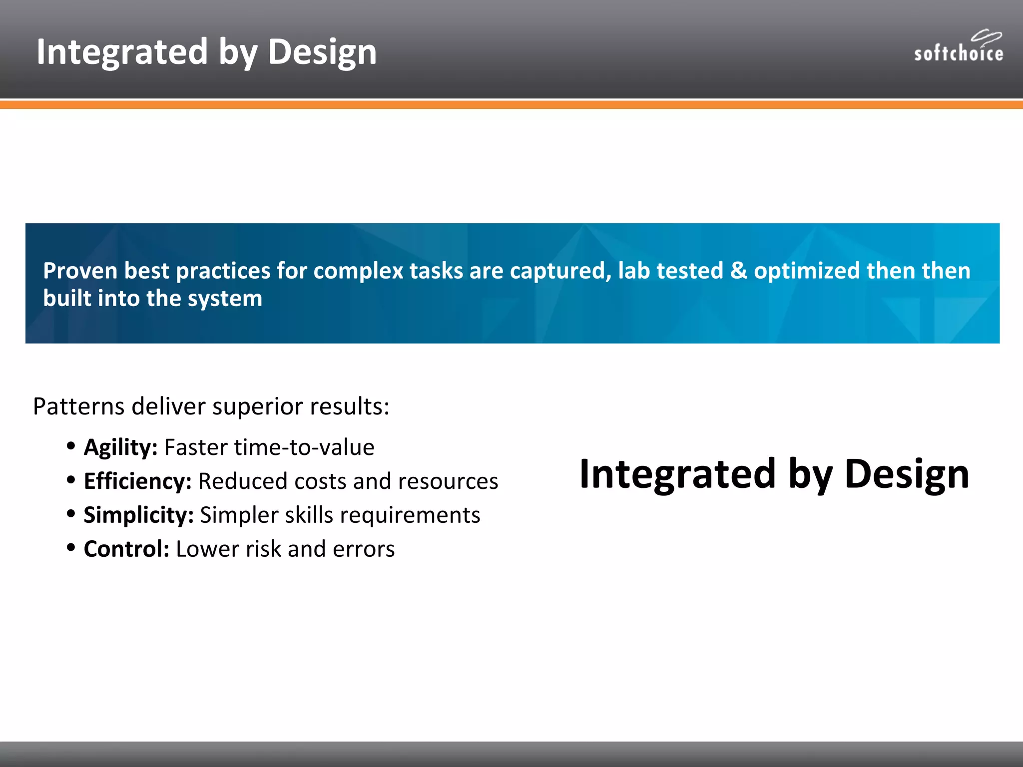 Integrated by Design




Proven best practices for complex tasks are captured, lab tested & optimized then then
built into the system



Patterns deliver superior results:
   • Agility: Faster time-to-value
   • Efficiency: Reduced costs and resources     Integrated by Design
   • Simplicity: Simpler skills requirements
   • Control: Lower risk and errors
 