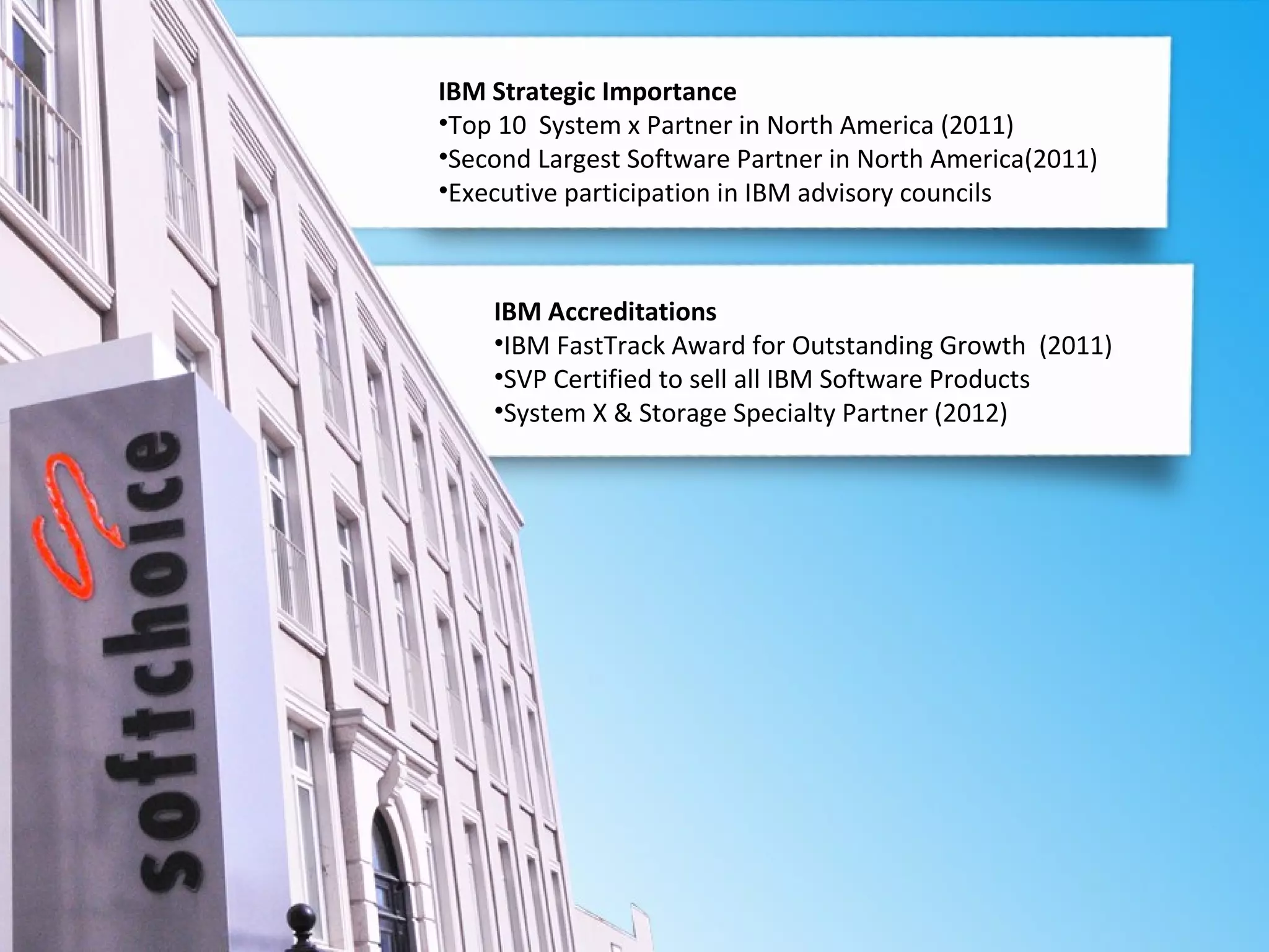 IBM Strategic Importance
•Top 10 System x Partner in North America (2011)
•Second Largest Software Partner in North America(2011)
•Executive participation in IBM advisory councils



    IBM Accreditations
    •IBM FastTrack Award for Outstanding Growth (2011)
    •SVP Certified to sell all IBM Software Products
    •System X & Storage Specialty Partner (2012)
 