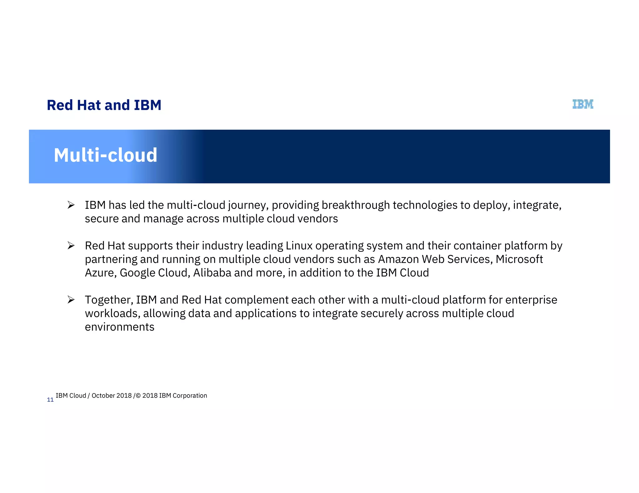 11
Red Hat and IBM
In
Multi-cloud
 IBM has led the multi-cloud journey, providing breakthrough technologies to deploy, integrate,
secure and manage across multiple cloud vendors
 Red Hat supports their industry leading Linux operating system and their container platform by
partnering and running on multiple cloud vendors such as Amazon Web Services, Microsoft
Azure, Google Cloud, Alibaba and more, in addition to the IBM Cloud
 Together, IBM and Red Hat complement each other with a multi-cloud platform for enterprise
workloads, allowing data and applications to integrate securely across multiple cloud
environments
IBM Cloud / October 2018 /© 2018 IBM Corporation
 