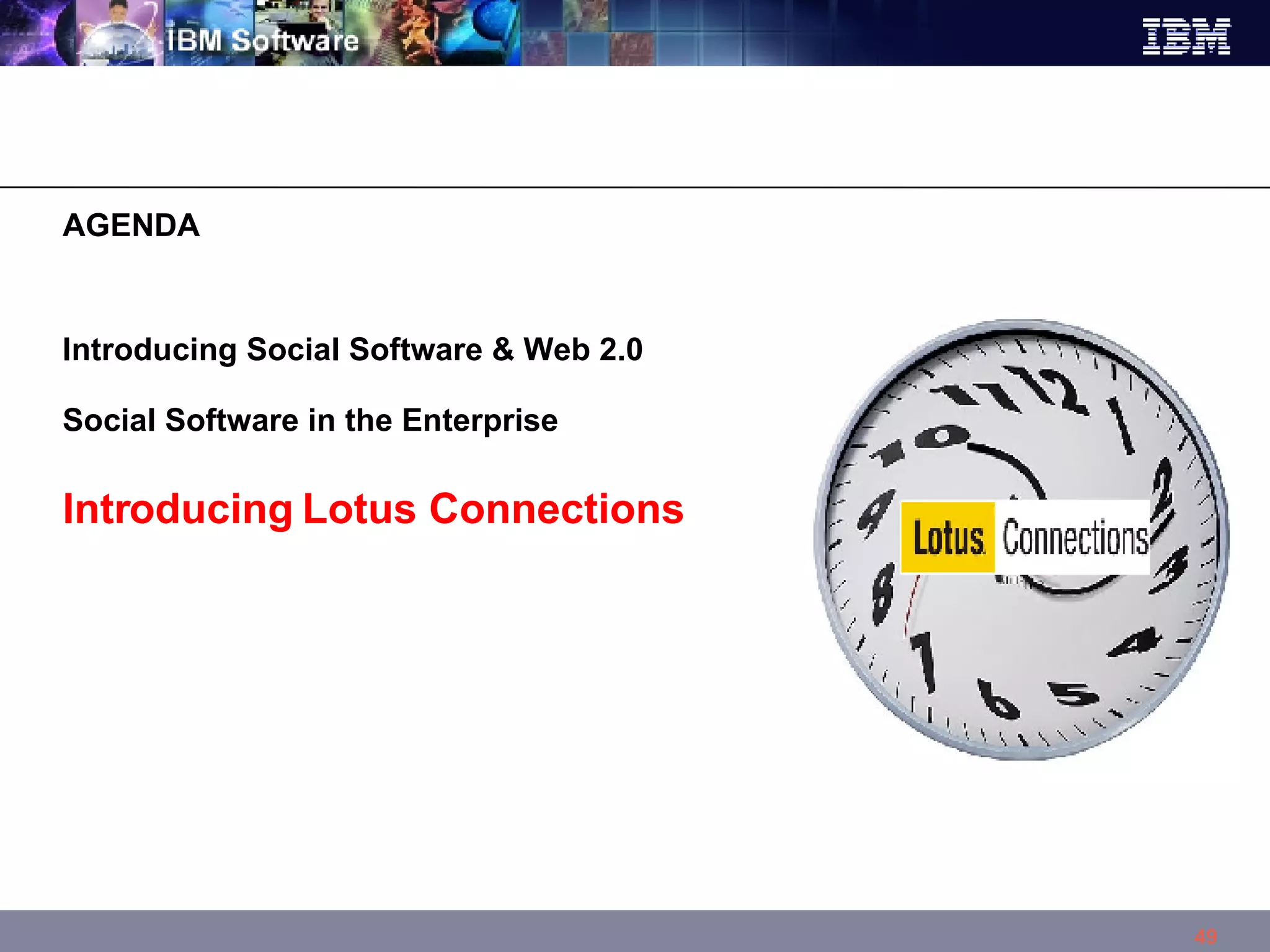 Introducing Social Software & Web 2.0 Social Software in the Enterprise Introducing Lotus Connections AGENDA  
