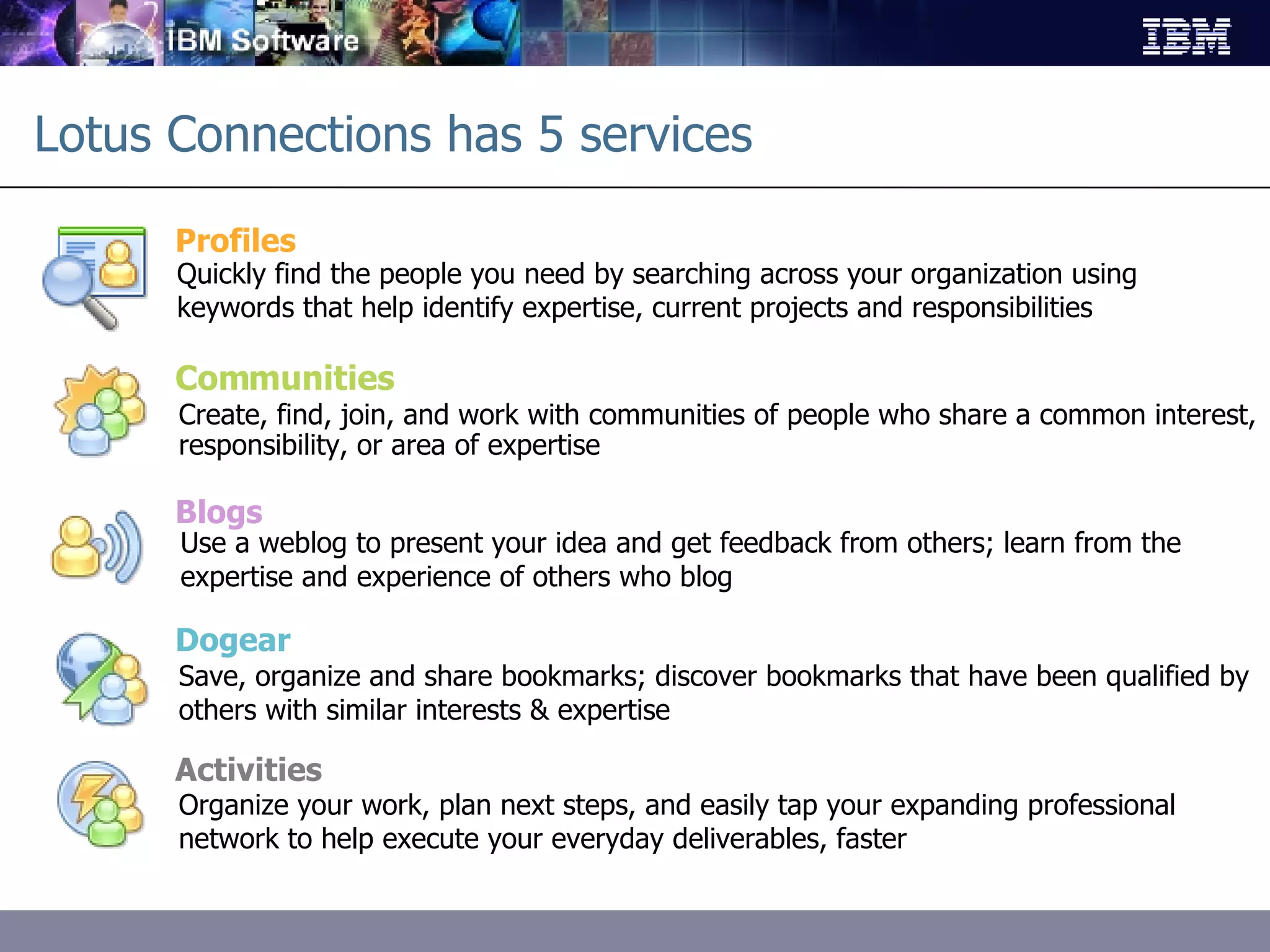 Lotus Connections has 5 services Communities Create, find, join, and work with communities of people who share a common interest, responsibility, or area of expertise Blogs Use a weblog to present your idea and get feedback from others; learn from the expertise and experience of others who blog Dogear Save, organize and share bookmarks; discover bookmarks that have been qualified by others with similar interests & expertise Activities Organize your work, plan next steps, and easily tap your expanding professional network to help execute your everyday deliverables, faster Profiles Quickly find the people you need by searching across your organization using keywords that help identify expertise, current projects and responsibilities 