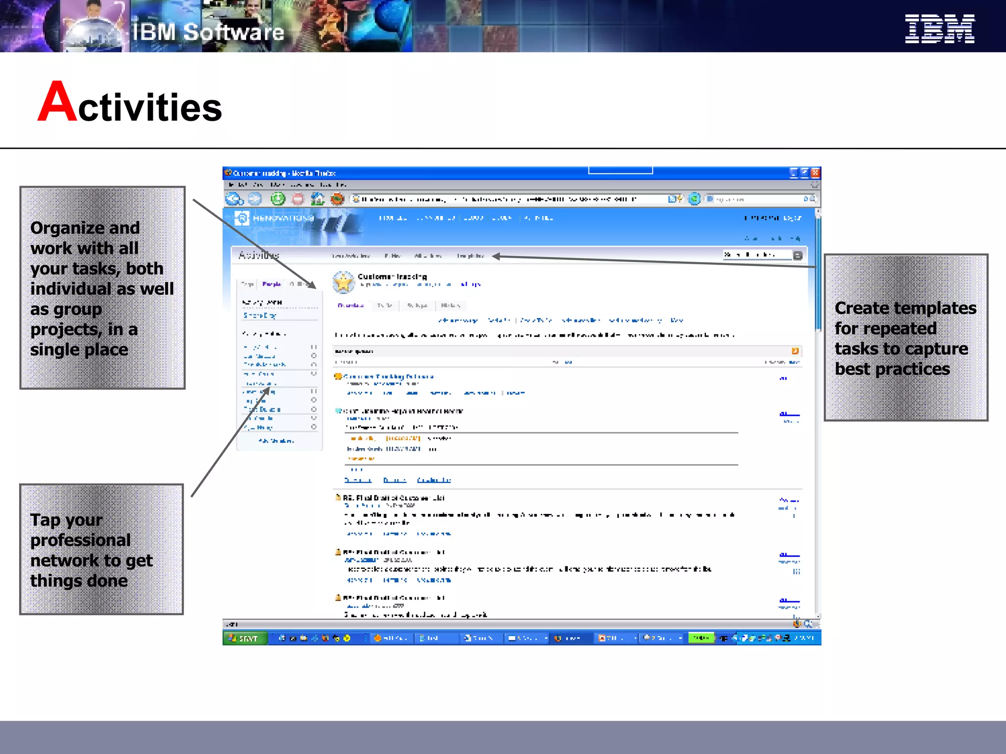 A ctivities  Organize and work with all your tasks, both individual as well as group projects, in a single place Create templates for repeated tasks to capture best practices Tap your professional network to get things done 