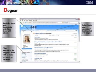 D ogear Filter bookmarks  by &quot;tagging&quot; them with as many keywords as you want Subscribe to your coworkers' bookmarked web pages Centrally store your bookmarks and share them with others 