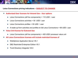 Authorized User licenses for Intranet Use – four options Lotus Connections (all five components) = 110 USD  / user  Lotus Connections activities = 55  USD / user  Lotus Connections profiles = 55 USD  / user  A trade-up from activities and profiles to full Lotus Connections = 66 USD / user  Value Unit license for Extranet Use Lotus Connections (all five components) = 450 USD/ processor value unit  All Lotus Connections licenses will include restricted licenses of  WebSphere Application Server V6.1 DB2 Restricted Enterprise Edition V9.1 Tivoli Directory Integrator V6.0 Lotus Connections pricing indications –  SUBJECT TO CHANGE 