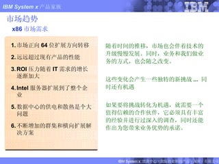 市场趋势   x86 市场需求 随着时间的推移，市场也会伴着技术的升级慢慢发展。同时，业务和我们做业务的方式，也会随之改变。 这些变化会产生一些独特的新挑战 ...  同时还有机遇 如果要将挑战转化为机遇，就需要一个值得信赖的合作伙伴，它必须具有丰富的经验并进行过深入的调查，同时还能作出为您带来业务优势的承诺。  1. 市场正向 64 位扩展方向转移 2. 远远超过现有产品的性能 3. ROI 压力随着 IT 需求的增长逐渐加大 4. Intel 服务器扩展到了整个企业 5. 数据中心的供电和散热是个大问题 6. 不断增加的群集和横向扩展解决方案 