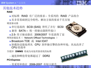 其他技术趋势   RAID 对标准  RAID  有广泛的要求 -  全系列的  RAID  产品组合 从非常基础到完全特性，解决方案的要求千差万别 硬盘驱动器 串行连接的  SCSI (SAS)  替代了并行  SCSI 兼容  SATA –  统一的驱动器附件接口 2.5- 英寸驱动器在  2006/2007  年度获得了显著增长 网络卸载技术（  Network Offload Technologies   ） Broadcom TOE  或  Intel IOAT 卸载协议能处理从  CPU  到单独引擎的各种环境，从而改善了 CPU 的效率 全缓冲  DIMMS  将成为双处理器系统的标准 速度和峰值带宽都超过了  DDR2 PCI-Express 其采用率将在  2006-2007  有较大提升 