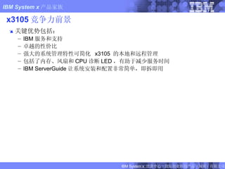 x3105 竞争力前景 关键优势包括： IBM 服务和支持 卓越的性价比 强大的系统管理特性可简化  x3105  的本地和远程管理  包括了内存、风扇和 CPU 诊断 LED ，有助于减少服务时间 IBM ServerGuide 让系统安装和配置非常简单，即拆即用 FIXME: New Slide 