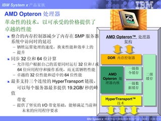 AMD Opteron 处理器 革命性的技术，以可承受的价格提供了 卓越的性能 整合的内存控制器减少了内存在 SMP 服务器系统中访问时的延迟 牺牲运算处理的速度，换来性能和效率上的 提升 同步 32 位和 64 位计算 允许用户根据自己的需要同时运行 32 位和 / 或 64 位应用程序和操作系统，而无需牺牲性能 卓越的 32 位性能和适中的 64 位性能 最多支持三个连续的 HyperTransport 链接， 可以每个服务器最多提供 19.2GB/ 秒的峰值 带宽 提供了坚实的 I/O 带宽基础，能够满足当前和 未来的应用程序要求 AMD Opteron™  处理器架构 DDR  内存控制器 AMD Opteron  处理器内核 二级 缓存 一级指令缓存 一级数据缓存 HyperTransport™  技术 
