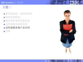 主题二 服务器架构，处理器类型 网络基础构架 通用和机架优化服务器 高性能服务器的发展 高性能服务器产品介绍 回顾 