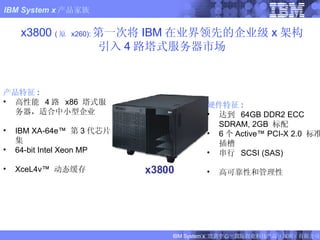 x3800  ( 原  x260): 第一次将 IBM 在业界领先的企业级 x 架构引入 4 路塔式服务器市场 x3800 产品特征 : 高性能  4 路  x86  塔式服务器，适合中小型企业 IBM XA-64e™  第 3 代芯片集  64-bit Intel Xeon MP   XceL4v™  动态缓存  硬件特征 : 达到  64GB DDR2 ECC SDRAM, 2GB  标配  6 个 Active™ PCI-X 2.0  标准插槽  串行  SCSI (SAS)   高可靠性和管理性 