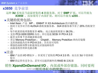 x3850  竞争前景 这种 3U 系统是当前最密集的 4 路服务器。对于 SMP 扩展，可以升级为  X3950  ，而如果用于内部扩展，则可以升级为 x255 。  关键的优势包括： Intel Xeon  产品  MP 、 EM64T 和 X3 Architecture 的卓越性能 相对于竞争对手的 4U/5U4 路机架服务器， 3U4 路服务器节省了 25% 的机架空间 每个机架的处理器数量多 40% ，而占地面积则要小 36.3% 。 支持 PC2-3200 DDRII 内存、串行连接 SCSI 和 PCI-X 2.0 最多支持 6 个内部磁盘驱动器 多层 Memory ProteXion ：  Chipkill 、 Memory ProteXion 和内存镜像 支持热插拔内存和 PCI-X 2.0 ，具有高可用性 增强的 故障预警分析能预先识别故障组件 高级系统管理和光路诊断 注意 IBM 产品的 I/O 槽较少 ，但采用了更快的 PCI-X 2.0 槽，而且在 3U 中的体积较小 IBM 的定价有竞争力，甚至可以提供额外的 RAID 8i 适配器 销售 XpandOnDemand I/O 、内部或外部存储器，同时要利用其体积小的优势。 竞争性产品的数据来自公开信息，请直接联系制造商获取最近信息。 