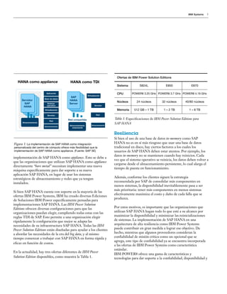 IBM Systems 5
implementación de SAP HANA como appliance. Esto se debe a
que las organizaciones que utilizan SAP HANA como appliance
directamente “bare metal” necesitan implementar una nueva
máquina específicamente para dar soporte a su nueva
aplicación SAP HANA, en lugar de usar los sistemas
estratégicos de almacenamiento y redes que ya tengan
instalados.
Si bien SAP HANA cuenta con soporte en la mayoría de las
ofertas IBM Power Systems, IBM ha creado diversas Ediciones
de Soluciones IBM Power específicamente pensadas para
implementaciones SAP HANA. Las IBM Power Solution
Editions ofrecen diversas configuraciones para que las
organizaciones puedan elegir, cumpliendo todas estas con las
reglas TDI de SAP. Esto permite a una organización elegir
rápidamente la configuración que mejor se adapta las
necesidades de su infraestructura SAP HANA. Todas las IBM
Power Solution Editions están diseñadas para ayudar a los clientes
a abordar las necesidades de la era del big data, y al mismo
tiempo comenzar a trabajar con SAP HANA en forma rápida y
eficaz en función de costos.
En la actualidad, hay tres ofertas diferentes de IBM Power
Solution Edition disponibles, como muestra la Tabla 1.
Figura 1: La implementación de SAP HANA como integración
personalizada del centro de cómputo ofrece más flexibilidad que la
implementación de SAP HANA como appliance. (Fuente: SAP SE)
Resiliencia
Si bien el uso de una base de datos in-memory como SAP
HANA no es en sí más riesgoso que usar una base de datos
tradicional en disco, hay ciertos factores a los cuales los
usuarios de SAP HANA deben estar atentos. Por ejemplo, los
datos in-memory no se mantienen cuando hay reinicios. Cada
vez que el sistema operativo se reinicia, los datos deben volver a
cargarse desde el almacenamiento persistente, lo cual alarga el
tiempo de puesta en funcionamiento.
Además, conforme los clientes siguen la estrategia
recomendada por SAP de consolidar más componentes en
menos sistemas, la disponibilidad inevitablemente pasa a ser
más prioritaria: tener más componentes en menos sistemas
efectivamente maximiza el costo y daño de cada falla que se
produzca.
Por estos motivos, es importante que las organizaciones que
utilizan SAP HANA hagan todo lo que esté a su alcance por
maximizar la disponibilidad y minimizar las reinicializaciones
de sistemas. La implementación de SAP HANA en una
arquitectura de alta resiliencia como IBM Power Systems
puede contribuir en gran medida a lograr ese objetivo. De
hecho, mientras que algunos proveedores consideran la
confiabilidad de misión crítica como un opcional que se
agrega, este tipo de confiabilidad ya se encuentra incorporada
a las ofertas de IBM Power Systems como característica
estándar.
IBM POWER8 ofrece una gama de características y
tecnologías para dar soporte a la confiabilidad, disponibilidad y
Ofertas de IBM Power Solution Editions
Sistema S824L E850 E870
CPU POWER8 3.25 GHz POWER8 3.7 GHz POWER8 4.19 GHz
Núcleos 24 núcleos 32 núcleos 40/80 núcleos
Memoria 512 GB – 1 TB 1 – 2 TB 1 – 8 TB
Especificaciones de IBM Power Solution Editions para
SAP HANA
Aplicación
Virtualización
Servidor
Red
AlmacenamientoAlmacenamiento
empresarial
HANA as appliance HANA as TDI
Base de datos
Sistema
operativo
Virtualización
Servidor
Red
Red compartida
Almacenamiento
SAP
HANA
Server
Almacenamiento
Servidor
SAP
HANA
HANA como appliance HANA como TDI
Tabla 1:
 