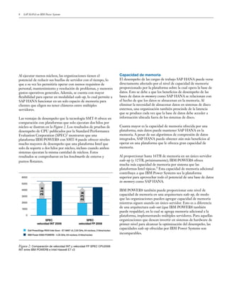 8 SAP HANA en IBM Power Systems
Al ejecutar menos núcleos, las organizaciones tienen el
potencial de reducir sus huellas de servidor con el tiempo, lo
que a su vez les permitiría operar con menos requisitos de
personal, mantenimiento y resolución de problemas, y menores
gastos operativos generales. Además, se cuenta con mayor
flexibilidad para operar en modalidad scale-up, lo cual permite a
SAP HANA funcionar en un solo espacio de memoria para
clientes que eligen no tener clústeres entre múltiples
servidores.
Las ventajas de desempeño que la tecnología SMT-8 ofrece en
comparación con plataformas que solo ejecutan dos hilos por
núcleo se ilustran en la Figura 2. Los resultados de pruebas de
desempeño de CPU publicados por la Standard Performance
Evaluation Corporation (SPEC)2
mostraron que una
plataforma IBM POWER8 con SMT-8 puede ofrecer niveles
mucho mayores de desempeño que una plataforma Intel que
solo da soporte a dos hilos por núcleo, incluso cuando ambos
sistemas ejecutan la misma cantidad de núcleos. Estos
resultados se comprobaron en los benchmarks de enteros y
puntos flotantes.
Capacidad de memoria
El desempeño de las cargas de trabajo SAP HANA puede verse
directamente afectado por el nivel de capacidad de memoria
proporcionado por la plataforma sobre la cual opera la base de
datos. Esto se debe a que los beneficios de desempeño de las
bases de datos in-memory como SAP HANA se relacionan con
el hecho de que los datos se almacenan en la memoria. Al
eliminar la necesidad de almacenar datos en sistemas de disco
externos, una organización también prescinde de la latencia
que se produce cada vez que la base de datos debe acceder a
información ubicada fuera de los sistemas de disco.
Cuanta mayor es la capacidad de memoria ofrecida por una
plataforma, más datos puede mantener SAP HANA en la
memoria. A pesar de sus algoritmos de compresión de datos
integrados, SAP HANA puede obtener aún más beneficios al
operar en una plataforma que le ofrezca gran capacidad de
memoria.
Al proporcionar hasta 16TB de memoria en un único servidor
scale-up (y 32TB, próximamente), IBM POWER8 ofrece
mucha más capacidad de memoria por sistema que las
plataformas Intel típicas.3 Esta capacidad de memoria adicional
contribuye a que IBM Power Systems sea la plataforma
superior para aprovechar todo el potencial de una base de datos
in-memory como SAP HANA.
IBM POWER8 también puede proporcionar este nivel de
capacidad de memoria en una arquitectura scale-up, de modo
que las organizaciones pueden agregar capacidad de memoria
mientras siguen usando un único servidor. Esto es a diferencia
de una arquitectura scale-out (que IBM POWER8 también
puede respaldar), en la cual se agrega memoria adicional a la
plataforma, implementando múltiples servidores. Para aquellas
organizaciones que desean invertir en sistemas de hardware de
primer nivel para alcanzar la optimización del desempeño, las
capacidades scale-up ofrecidas por IBM Power Systems son
incomparables.
Figura 2: Comparación de velocidad INT y velocidad FP SPEC CPU2006
INT entre IBM POWER8 e Intel Haswell E7 v3
0
1000
2000
3000
4000
5000
6000
2.1x
2.3x
SPEC
velocidad INT 2006
SPEC
velocidad FP 2006
Dell PowerEdge R930 Intel Xeon - E7-8867 v3, 2.50 GHz, 64 núcleos, 2 hilos/núcleo
IBM Power E880 POWER8 - 4.35 GHz, 64 núcleos, 8 hilos/núcleo
 