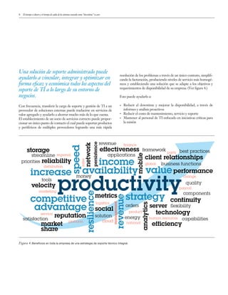 8 El tiempo es dinero y el tiempo de caída de los sistemas conocido como “downtime” es caro
Figura 4.Beneficios en toda la empresa de una estrategia de soporte técnico integral.
streamline
productivity
availability
strategy
income
value
speed
competitive
advantage
revenue
increase
resilience
technology
server
velocity
metrics
mobile
social
analytics
efficiency
network
storage
reliability
orders
best practices
priorities
persistence
framework
satisfaction energy
money
revenue
tools
applications
business functions
cloud
solution
marketing
sales
human resources
distribution
payroll
finance
parts
global
management
change
platform
product
service
logistics
regional
national
quality
components
flexibility
capabilities
effectiveness
market
share
continuity
performance
reputation
client relationships
Con frecuencia, transferir la carga de soporte y gestión de TI a un
proveedor de soluciones externas puede traducirse en servicios de
valor agregado y ayudarlo a ahorrar mucho más de lo que cuesta.
El establecimiento de un socio de servicios correcto puede propor-
cionar un único punto de contacto el cual puede soportar productos
y periféricos de múltiples proveedores logrando una más rápida
Una solución de soporte administrado puede
ayudarlo a vincular, integrar y optimizar en
forma eﬁcaz y económica todos los aspectos del
soporte de TI a lo largo de su entorno de
negocios.
resolución de los problemas a través de un único contrato, simplifi-
cando la facturación, produciendo niveles de servicio más homogé-
neos y estableciendo una solución que se adapte a los objetivos y
requerimientos de disponibilidad de su empresa. (Ver figura 4.)
Esto puede ayudarlo a:
Reducir el downtime y mejorar la disponibilidad, a través de
informes y análisis proactivos
Reducir el costo de mantenimiento, servicio y soporte
Mantener al personal de TI enfocado en iniciativas críticas para
la misión
 