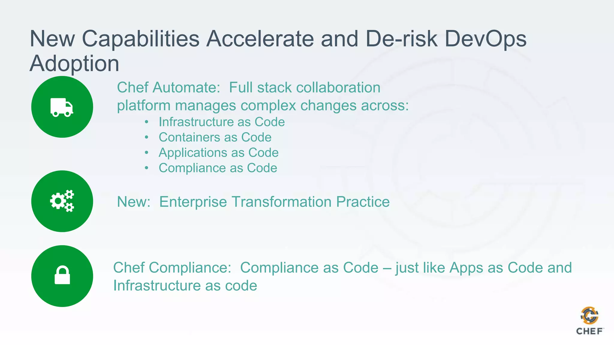 New Capabilities Accelerate and De-risk DevOps
Adoption
Chef Compliance: Compliance as Code – just like Apps as Code and
Infrastructure as code
Chef Automate: Full stack collaboration
platform manages complex changes across:
• Infrastructure as Code
• Containers as Code
• Applications as Code
• Compliance as Code
New: Enterprise Transformation Practice
 