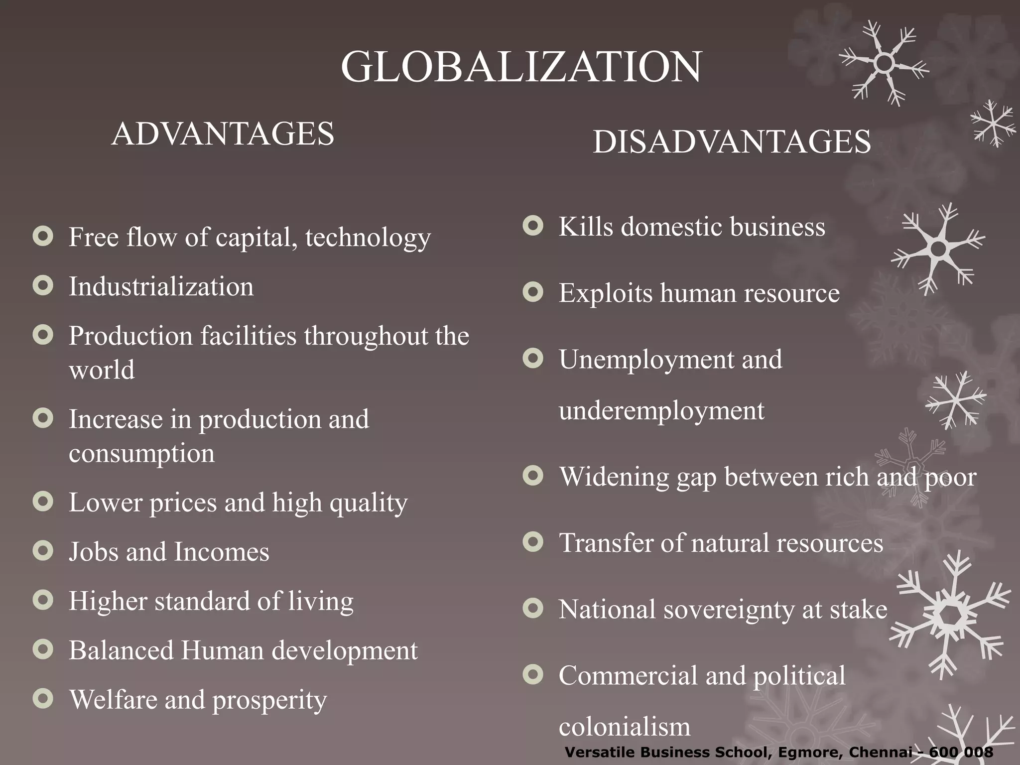 GLOBALIZATION
ADVANTAGES
 Free flow of capital, technology
 Industrialization
 Production facilities throughout the
world
 Increase in production and
consumption
 Lower prices and high quality
 Jobs and Incomes
 Higher standard of living
 Balanced Human development
 Welfare and prosperity
DISADVANTAGES
 Kills domestic business
 Exploits human resource
 Unemployment and
underemployment
 Widening gap between rich and poor
 Transfer of natural resources
 National sovereignty at stake
 Commercial and political
colonialism
Versatile Business School, Egmore, Chennai - 600 008
 