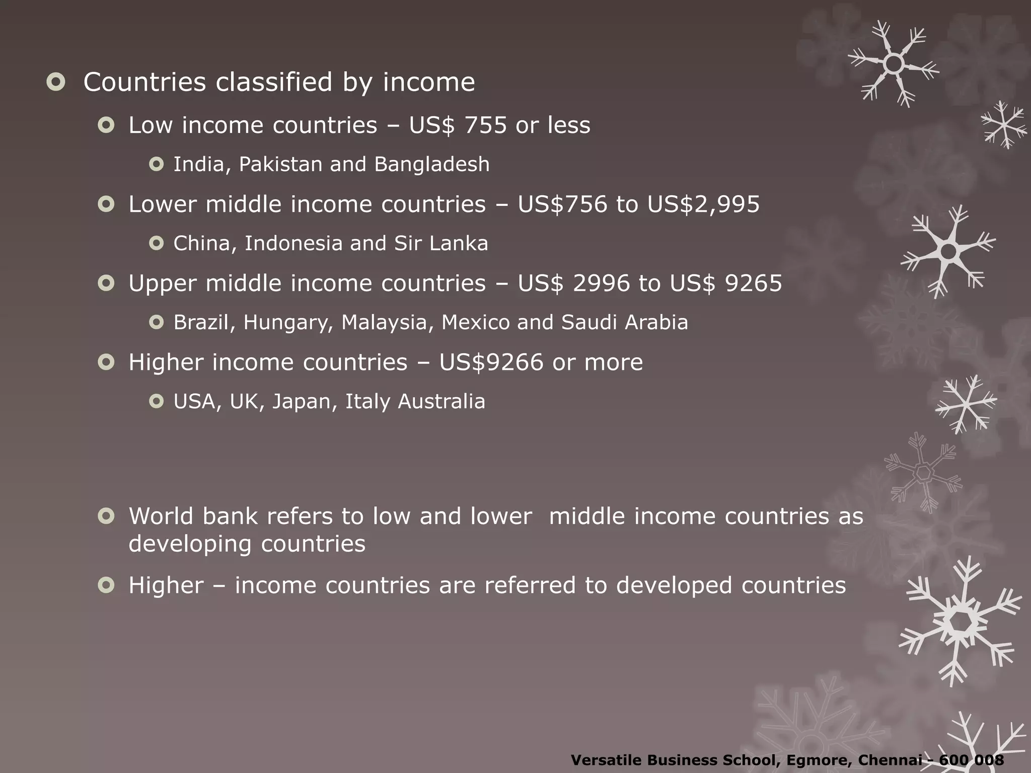  Countries classified by income
 Low income countries – US$ 755 or less
 India, Pakistan and Bangladesh
 Lower middle income countries – US$756 to US$2,995
 China, Indonesia and Sir Lanka
 Upper middle income countries – US$ 2996 to US$ 9265
 Brazil, Hungary, Malaysia, Mexico and Saudi Arabia
 Higher income countries – US$9266 or more
 USA, UK, Japan, Italy Australia
 World bank refers to low and lower middle income countries as
developing countries
 Higher – income countries are referred to developed countries
Versatile Business School, Egmore, Chennai - 600 008
 