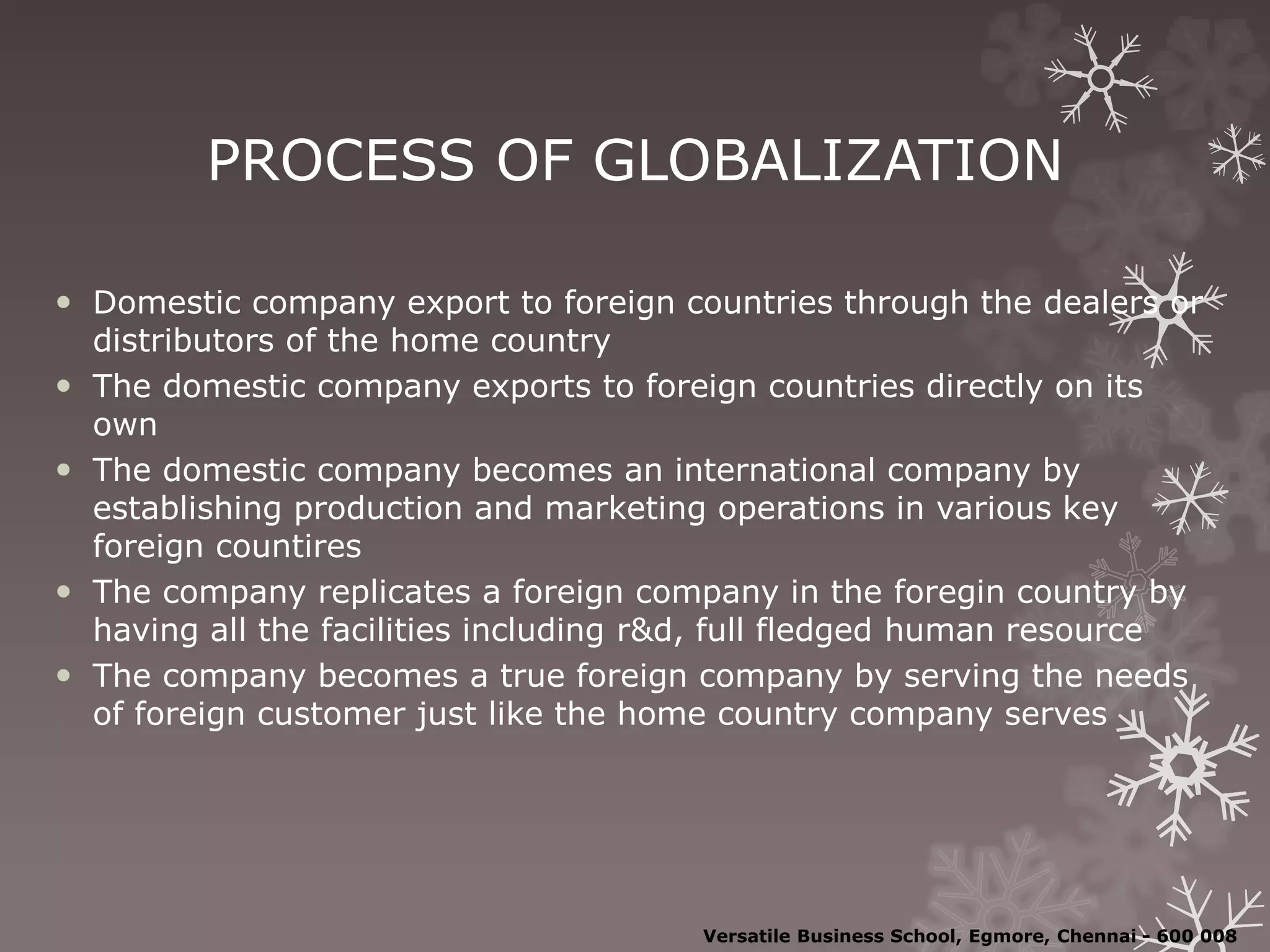 PROCESS OF GLOBALIZATION
 Domestic company export to foreign countries through the dealers or
distributors of the home country
 The domestic company exports to foreign countries directly on its
own
 The domestic company becomes an international company by
establishing production and marketing operations in various key
foreign countires
 The company replicates a foreign company in the foregin country by
having all the facilities including r&d, full fledged human resource
 The company becomes a true foreign company by serving the needs
of foreign customer just like the home country company serves
Versatile Business School, Egmore, Chennai - 600 008
 