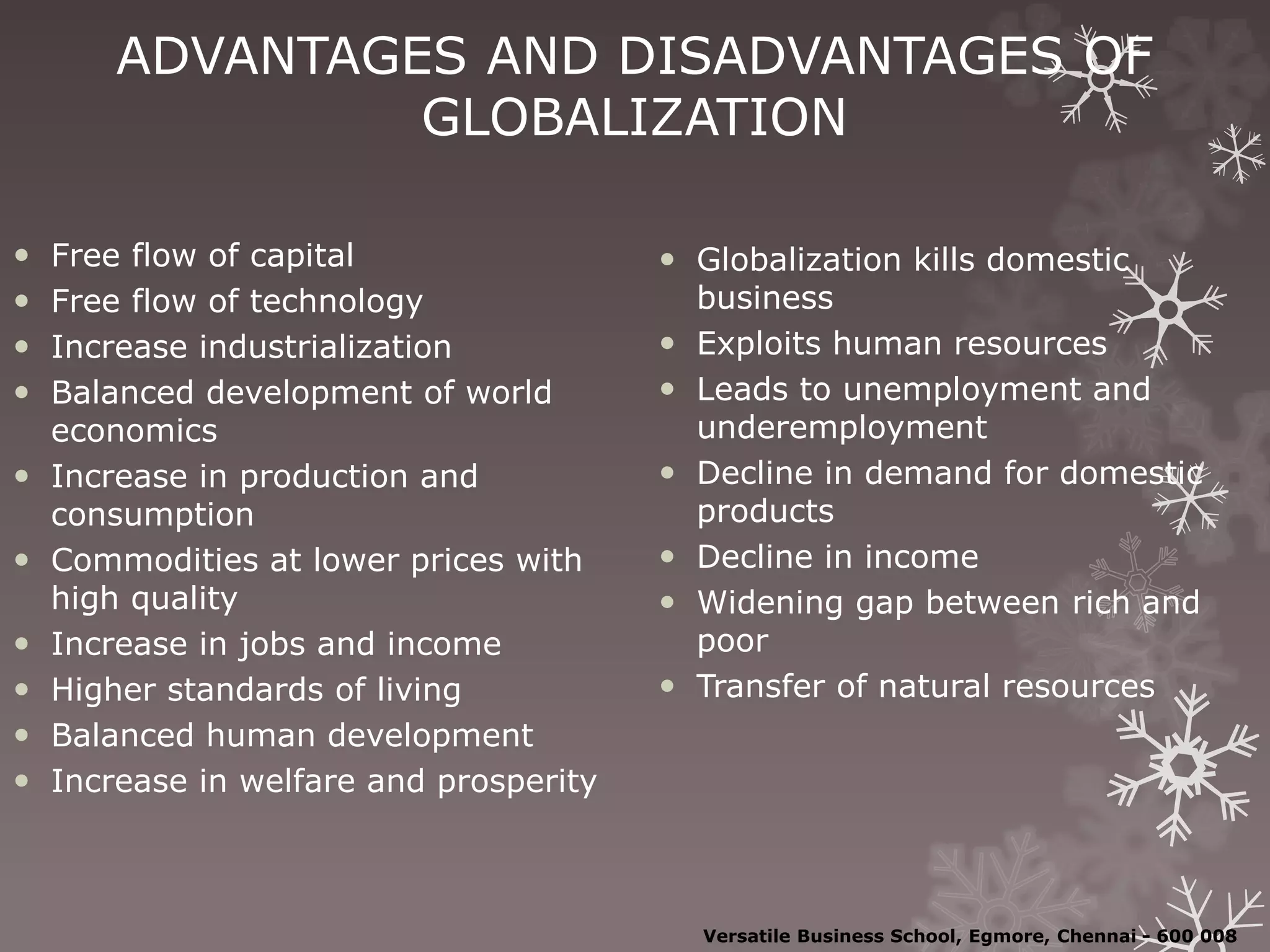 ADVANTAGES AND DISADVANTAGES OF
GLOBALIZATION
 Free flow of capital
 Free flow of technology
 Increase industrialization
 Balanced development of world
economics
 Increase in production and
consumption
 Commodities at lower prices with
high quality
 Increase in jobs and income
 Higher standards of living
 Balanced human development
 Increase in welfare and prosperity
 Globalization kills domestic
business
 Exploits human resources
 Leads to unemployment and
underemployment
 Decline in demand for domestic
products
 Decline in income
 Widening gap between rich and
poor
 Transfer of natural resources
Versatile Business School, Egmore, Chennai - 600 008
 