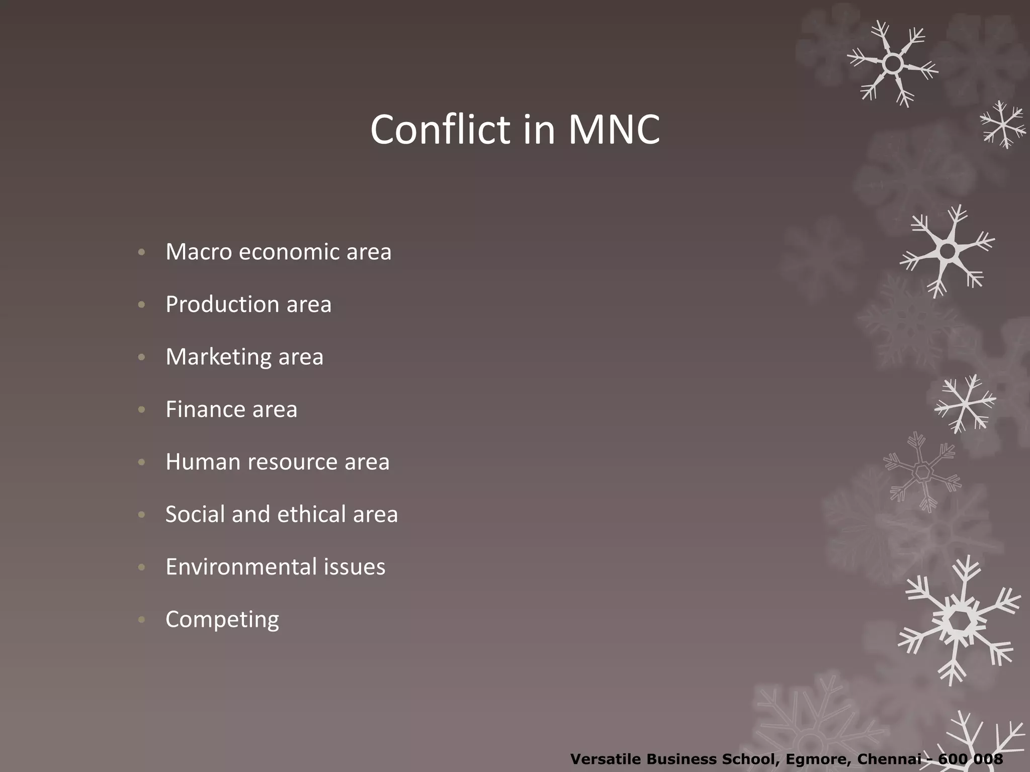 Conflict in MNC
• Macro economic area
• Production area
• Marketing area
• Finance area
• Human resource area
• Social and ethical area
• Environmental issues
• Competing
Versatile Business School, Egmore, Chennai - 600 008
 