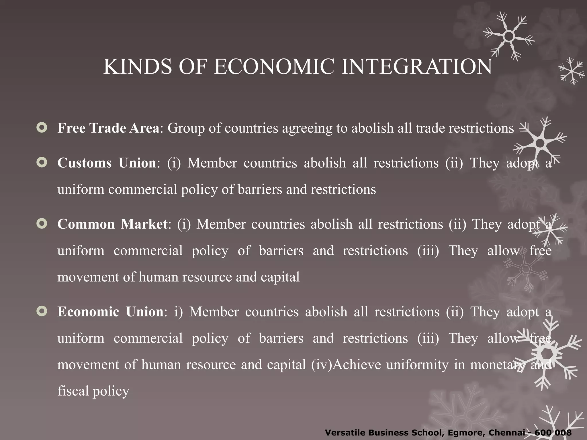 KINDS OF ECONOMIC INTEGRATION
 Free Trade Area: Group of countries agreeing to abolish all trade restrictions
 Customs Union: (i) Member countries abolish all restrictions (ii) They adopt a
uniform commercial policy of barriers and restrictions
 Common Market: (i) Member countries abolish all restrictions (ii) They adopt a
uniform commercial policy of barriers and restrictions (iii) They allow free
movement of human resource and capital
 Economic Union: i) Member countries abolish all restrictions (ii) They adopt a
uniform commercial policy of barriers and restrictions (iii) They allow free
movement of human resource and capital (iv)Achieve uniformity in monetary and
fiscal policy
Versatile Business School, Egmore, Chennai - 600 008
 