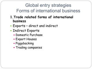 Global entry strategies
Forms of international business
1.Trade related forms of international
business
 Exports – direct and indirect
 Indirect Exports
 Domestic Purchase
 Export Houses
 Piggybacking
 Trading companies
 