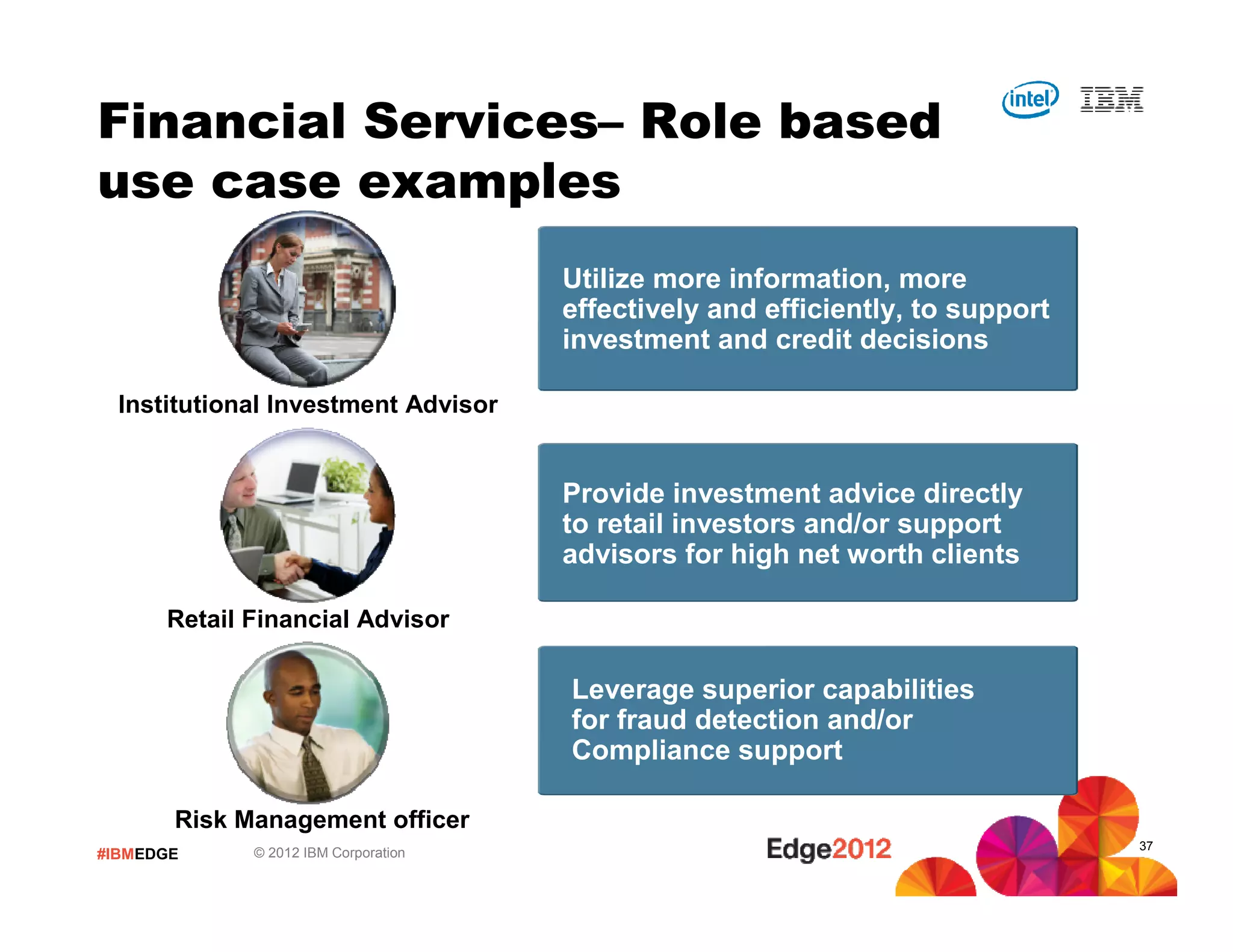 #IBMEDGE © 2012 IBM Corporation
Institutional Investment Advisor
Retail Financial Advisor
Risk Management officer
Utilize more information, more
effectively and efficiently, to support
investment and credit decisions
Provide investment advice directly
to retail investors and/or support
advisors for high net worth clients
Leverage superior capabilities
for fraud detection and/or
Compliance support
Financial Services– Role based
use case examples
37
 