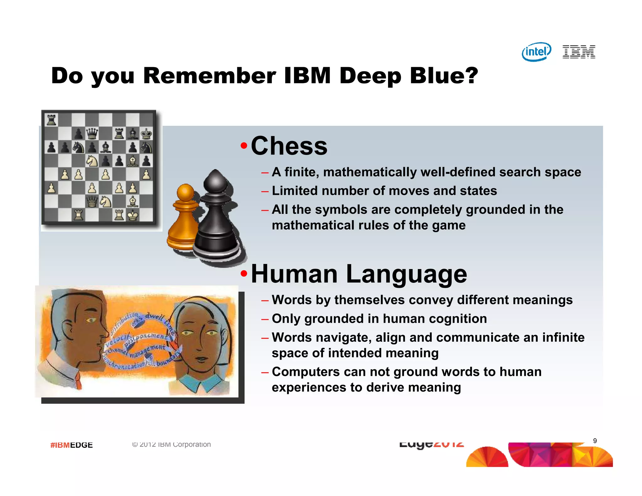 #IBMEDGE © 2012 IBM Corporation
Do you Remember IBM Deep Blue?
•Chess
– A finite, mathematically well-defined search space
– Limited number of moves and states
– All the symbols are completely grounded in the
mathematical rules of the game
•Human Language
– Words by themselves convey different meanings
– Only grounded in human cognition
– Words navigate, align and communicate an infinite
space of intended meaning
– Computers can not ground words to human
experiences to derive meaning
9
 
