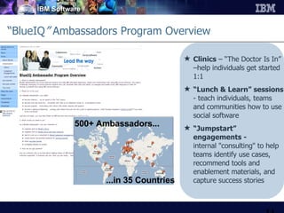 “ BlueIQ ”  Ambassadors Program Overview Clinics  – “The Doctor Is In” –help individuals get started 1:1 “ Lunch & Learn” sessions  - teach individuals, teams and communities how to use social software “ Jumpstart” engagements - internal "consulting" to help teams identify use cases, recommend tools and enablement materials, and capture success stories ...in 35 Countries 500+ Ambassadors...  