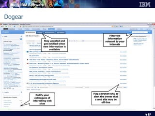 Dogear Flag a broken URL to alert the owner that a web site may be off-line Notify your colleagues of interesting web sites Filter the information relevant to your interests Stay updated and get notified when new information is available 