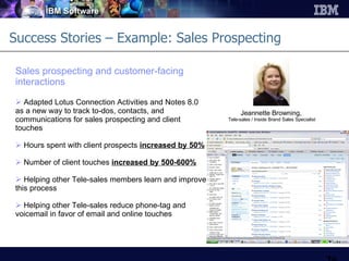 Success Stories – Example: Sales Prospecting Sales prospecting and customer-facing interactions Adapted Lotus Connection Activities and Notes 8.0 as a new way to track to-dos, contacts, and communications for sales prospecting and client touches Hours spent with client prospects  increased by 50% Number of client touches  increased by 500-600% Helping other Tele-sales members learn and improve this process Helping other Tele-sales reduce phone-tag and voicemail in favor of email and online touches Jeannette Browning,   Tele-sales / Inside Brand Sales Specialist 